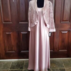 Formal blush pink full length dress with lace crochet bolero